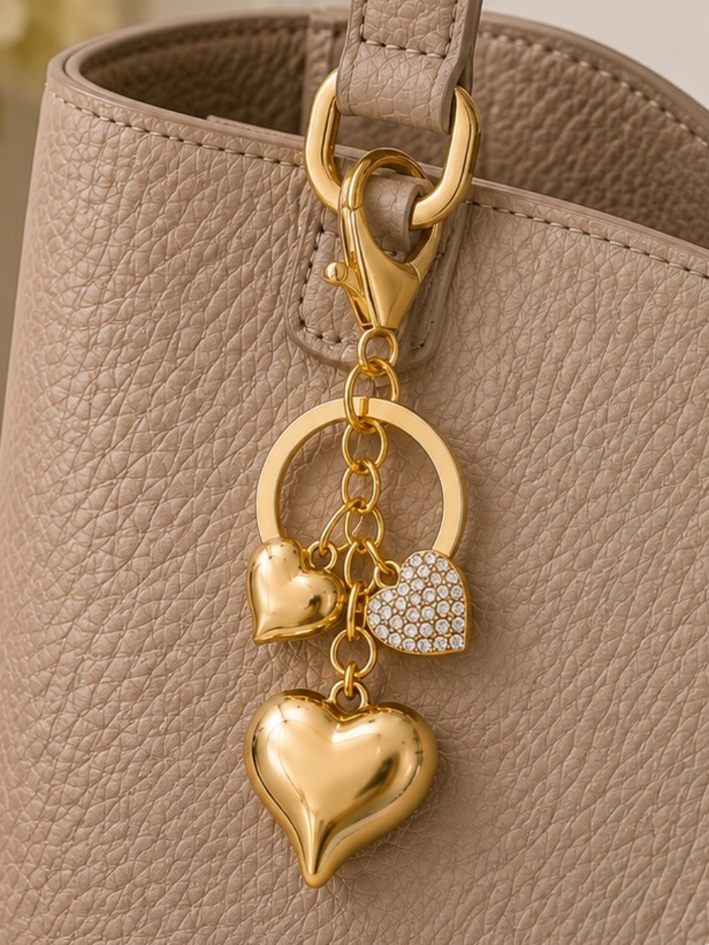 Gold Tone Heart Bag Charm Keychain Rhinestone Puffy Heart Purse Accessory NWT